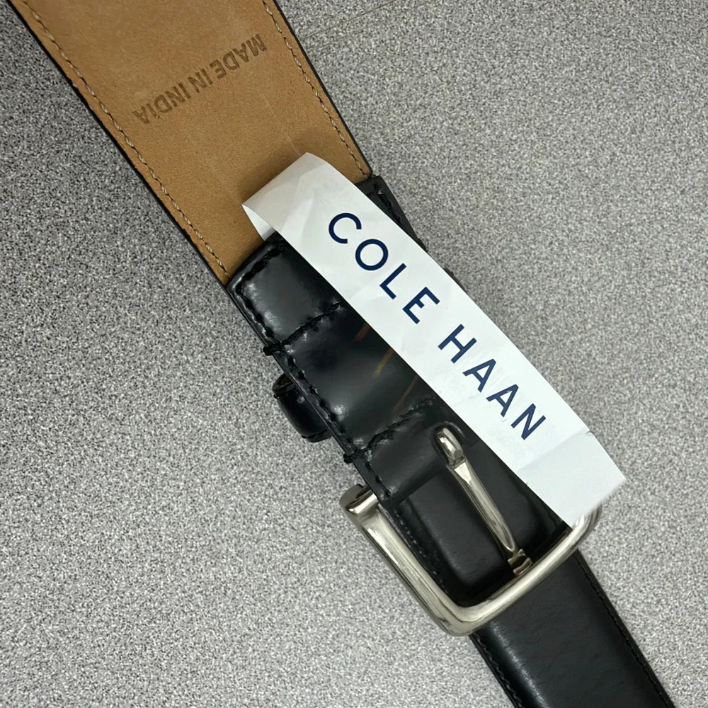 Cole Haan Belt Mens 38 Black Leather Dress Casual Silver Tone Buckle 38/95